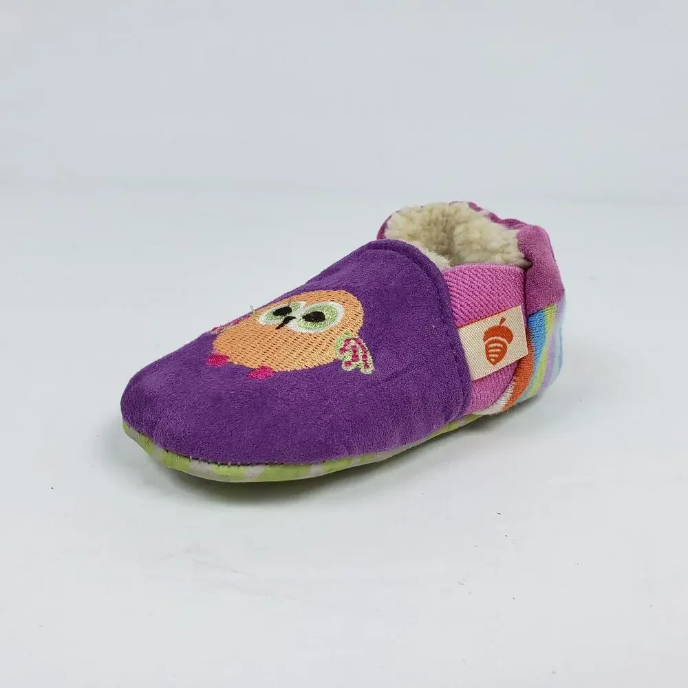 Acorn Critter Owl Infant Baby Girl Size 6-12 Months Slip On Pink Purple Slippers